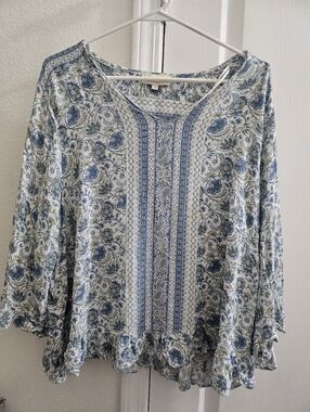 Women's Blue Floral Peasant Top - Lightweight Boho Blouse